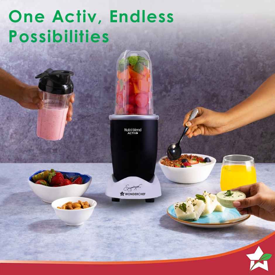 Wonderchef Nutri-blend Activ Mixer Grinder Blender, Smoothie Maker, 500W 22000 RPM 100% Full Copper Motor, 2 Jars, Stainless Steel Blades, Recipe book by Chef Sanjeev Kapoor - Black