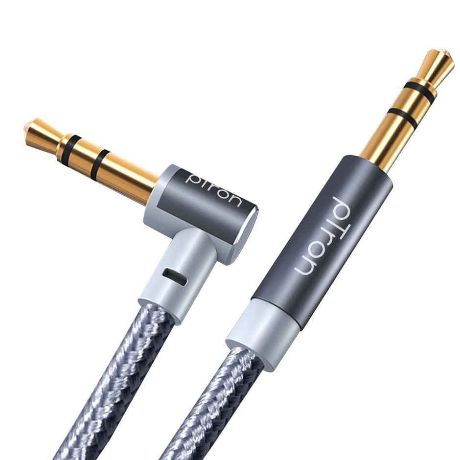 pTron 3.5mm Male to Male Stereo Aux Cable, Compatible with Smartphones/Tablets, 90 Degree Gold-Plated Connectors, Solero A15 Tangle-Free Metal Shell Audio Cable (Nylon Braided, 1.5M) - Grey