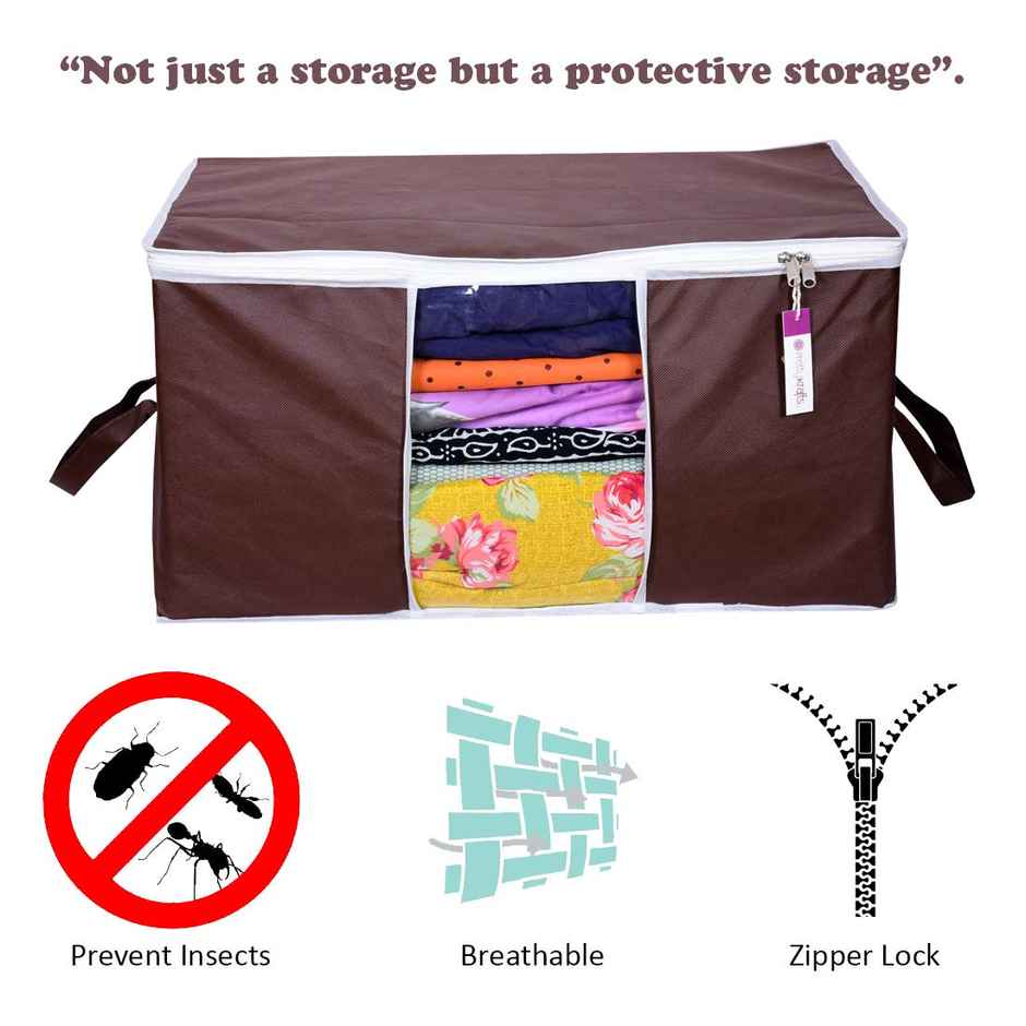 Prettykrafts Underbed Storage Bag | Storage Organizer | Blanket Cover | Set of 3 pcs - Brown