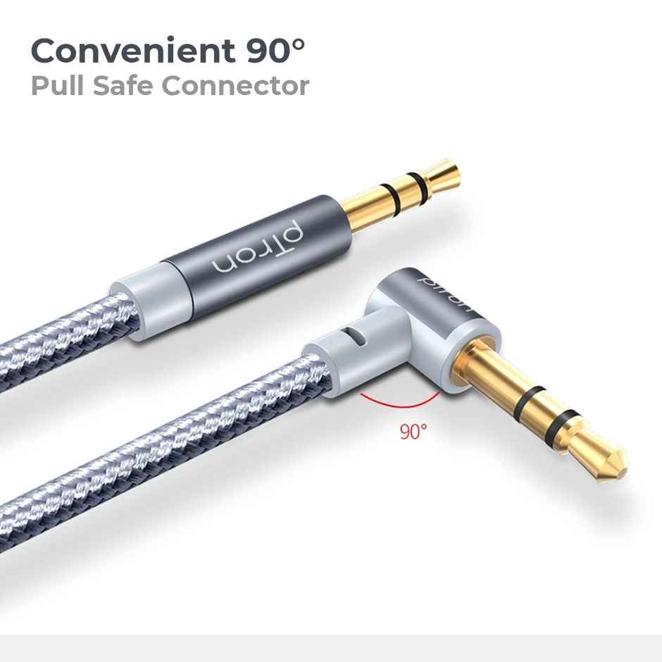pTron 3.5mm Male to Male Stereo Aux Cable, Compatible with Smartphones/Tablets, 90 Degree Gold-Plated Connectors, Solero A15 Tangle-Free Metal Shell Audio Cable (Nylon Braided, 1.5M) - Grey