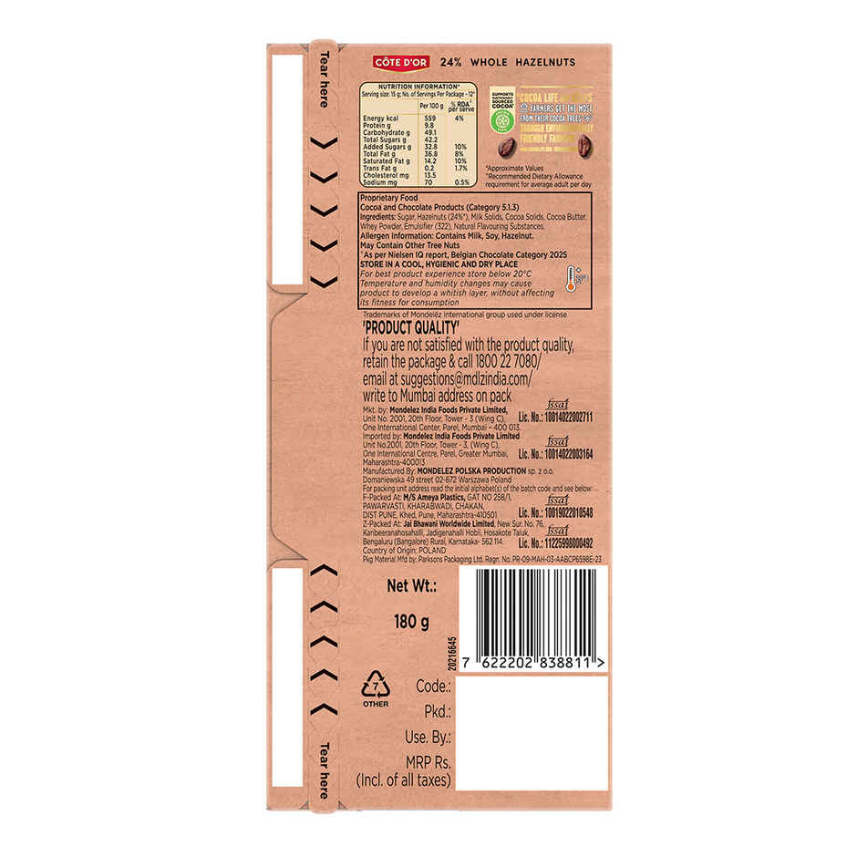 COTE D'OR Whole Hazelnuts Milk Premium Belgian Chocolate Bar