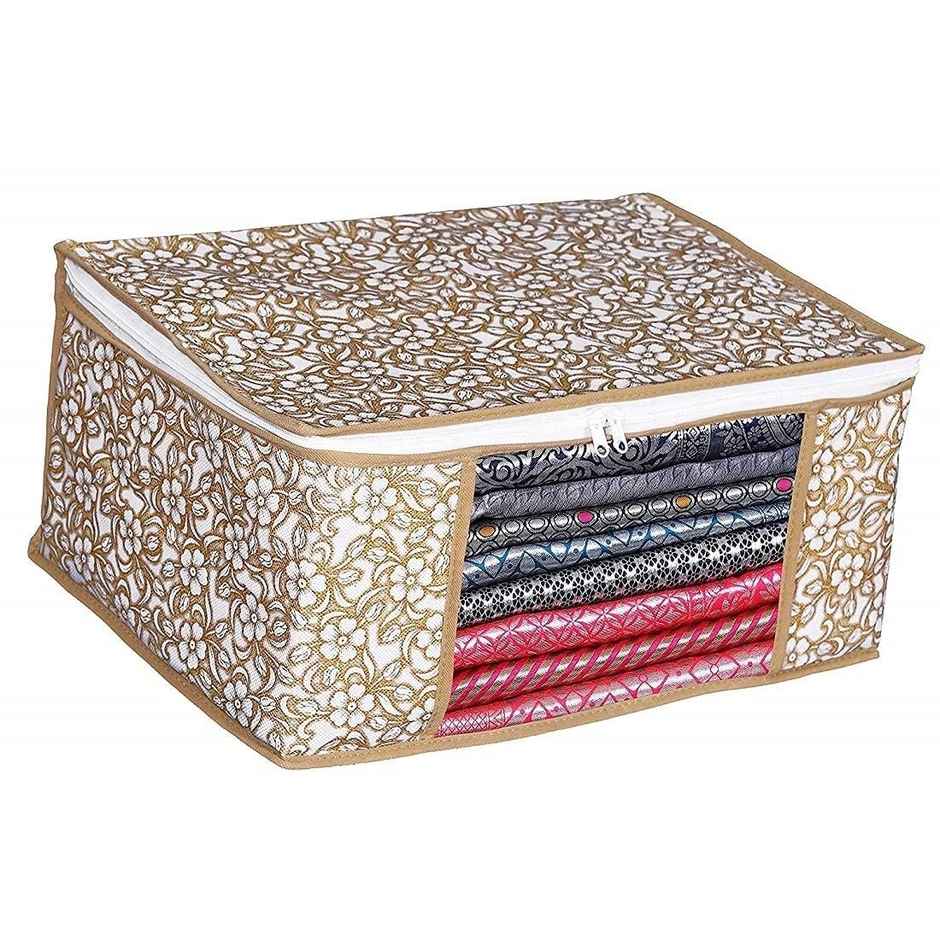 Perpetual Saree Organizer for Wardrobe | Foldable Saree Covers with Zip | Beige | Pack of 5
