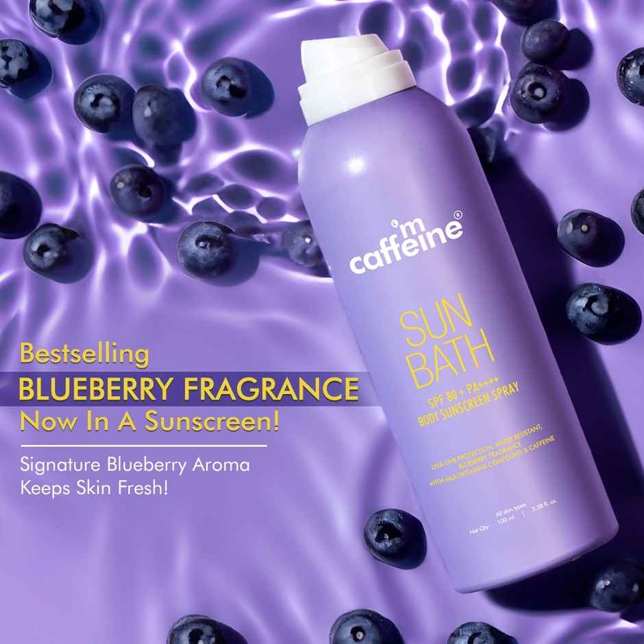 mCaffeine Sun Bath SPF 80+ Pa ++++ Body Sunscreen Spray | Blueberry | Sweat Resistant