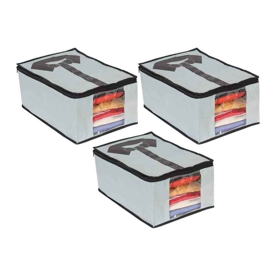 Prettykrafts Shirt Cover, Foldable & Durable Wardrobe Organizer, Pack Of 3 - Grey Black