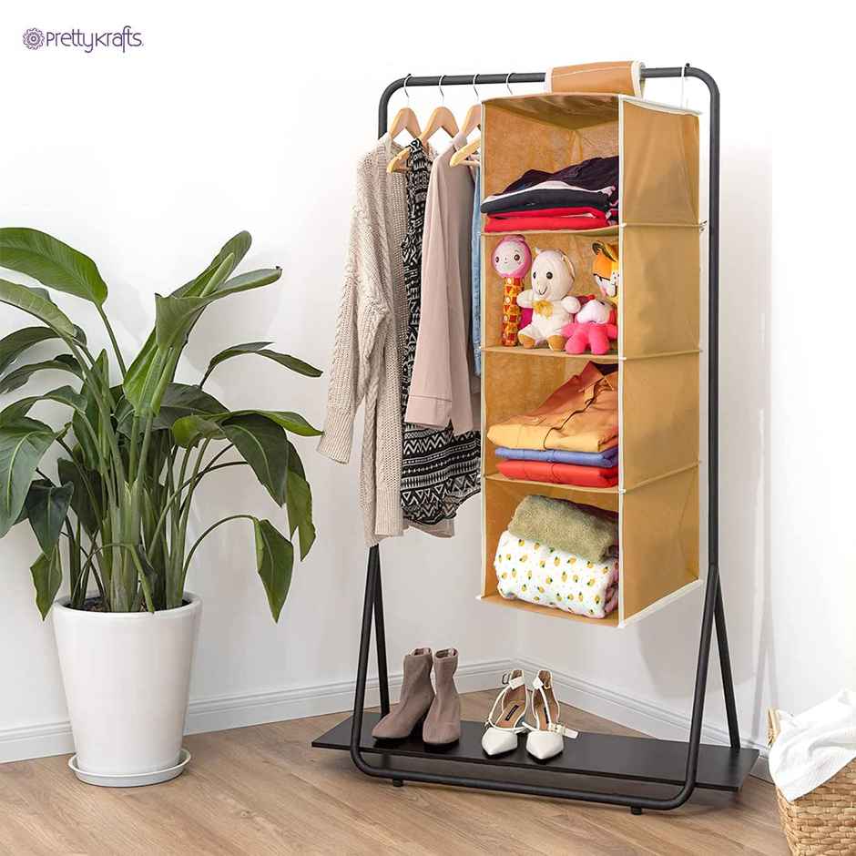 PrettyKrafts 4 Shelf Hanging Wardrobe Organizer - Beige Wall Hanging Cloth Storage Rack