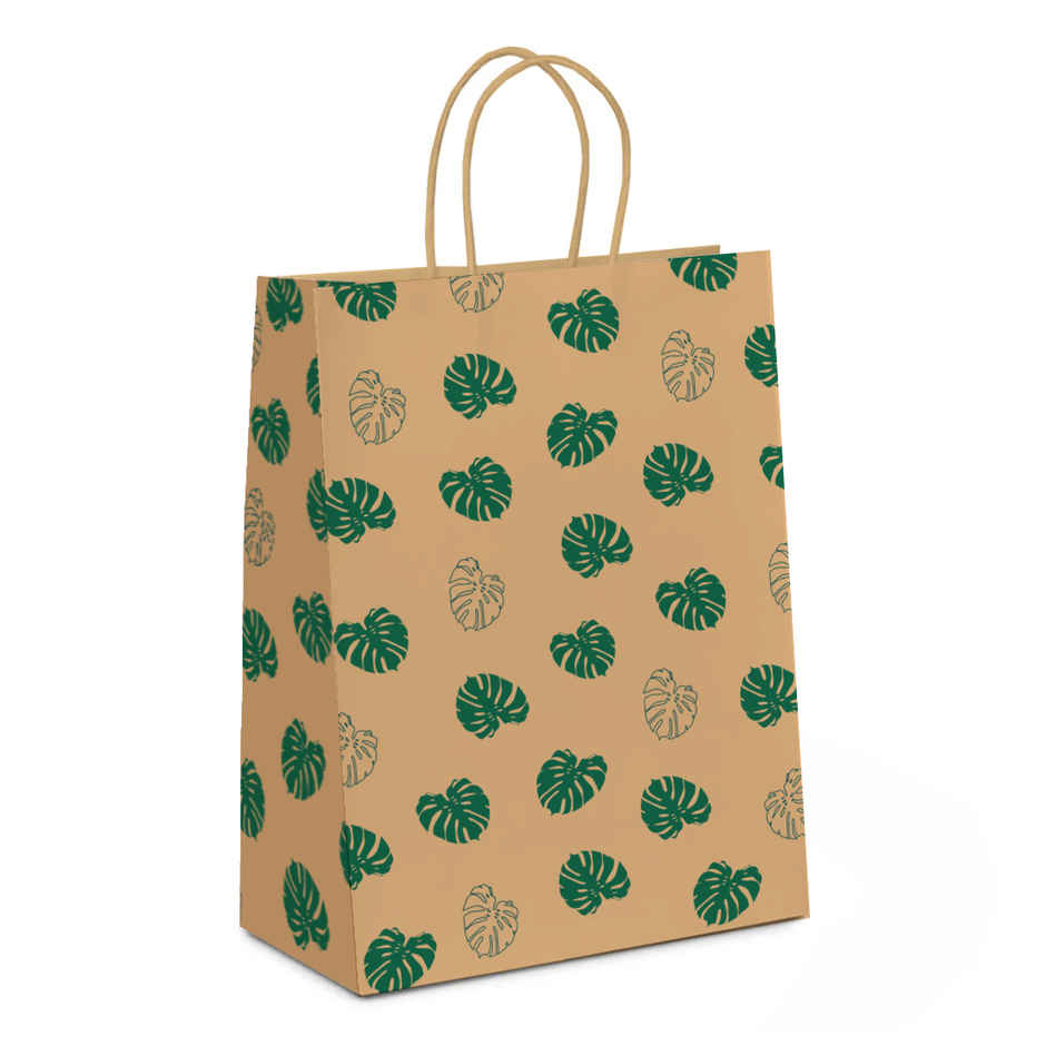PaperPep Leaves Print | 100GSM | Kraft Gift Paper Bags | Green - 24 x 11 x 31 cm
