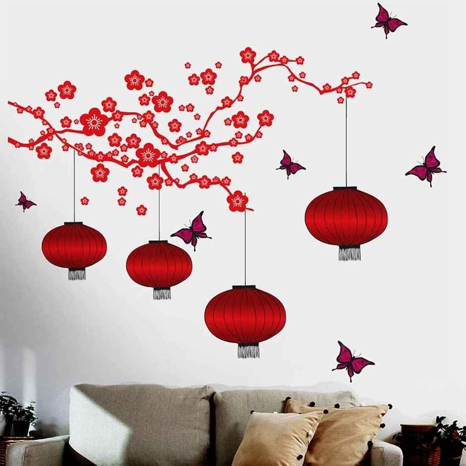 PrettyKrafts Red Lantern Wall Sticker | Bright & Decorative