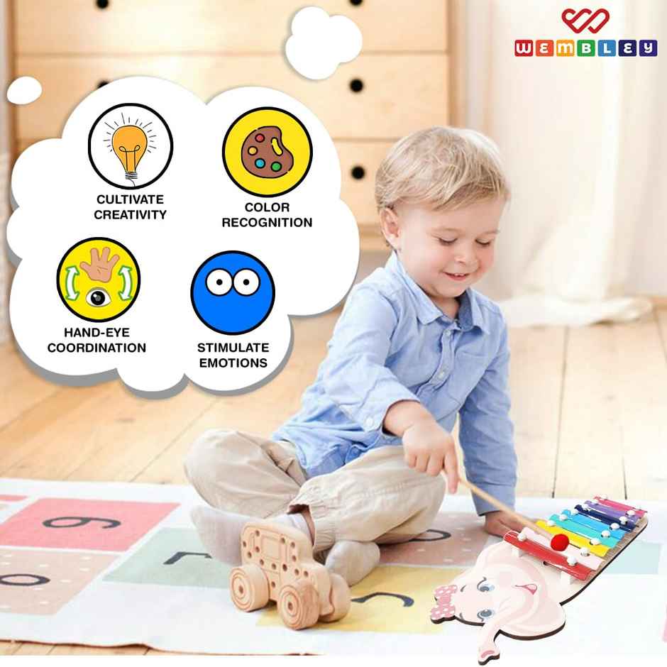 Wembley Wooden Xylophone For Kids Multicolored Key Keyboard Xylophone Piano With 2 Sticks -Elephant