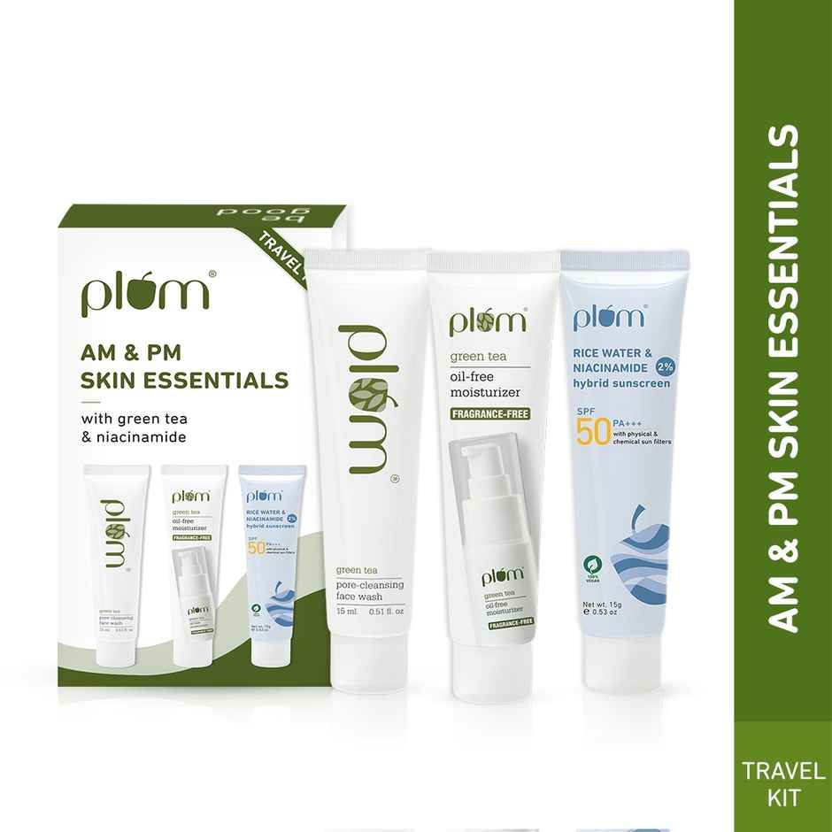 Plum Am & Pm Essentials Kit Pore Cleansing Facewash Oil-Free Moisturiser Hybrid Sunscreen