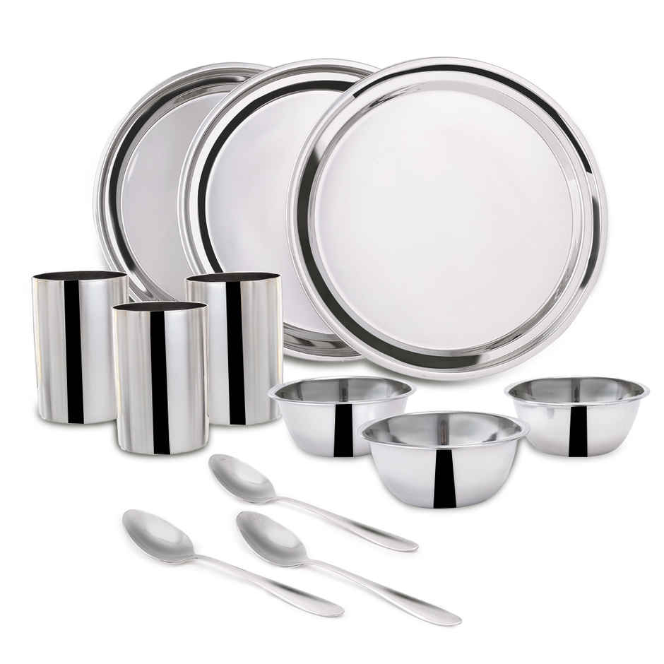 Wonderchef Venice Stainless Steel Dinner Set of 12 Pcs | Plates | Glasses | Bowls | Spoons