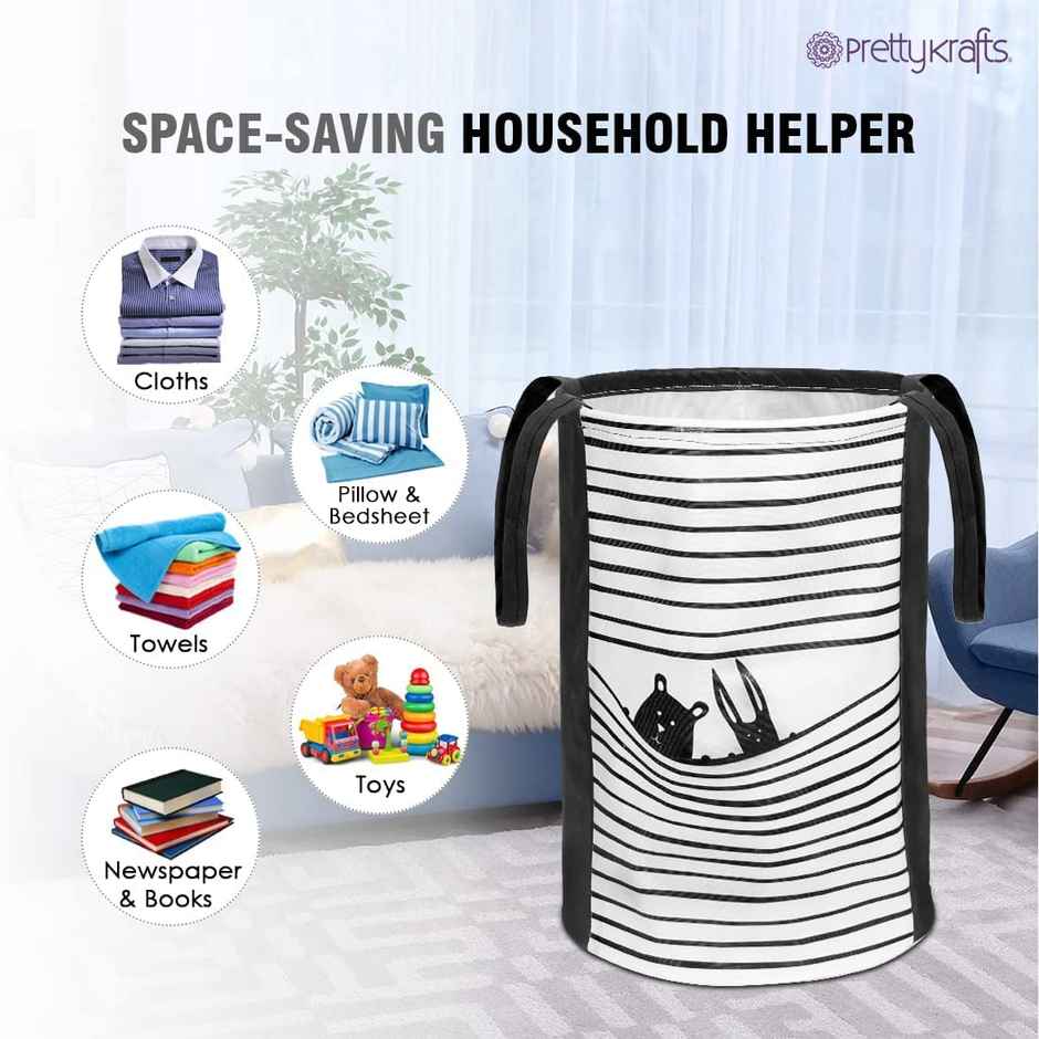 PrettyKrafts Foldable Round Laundry Baskets | Cloth Storage & Organizer Bags - Black