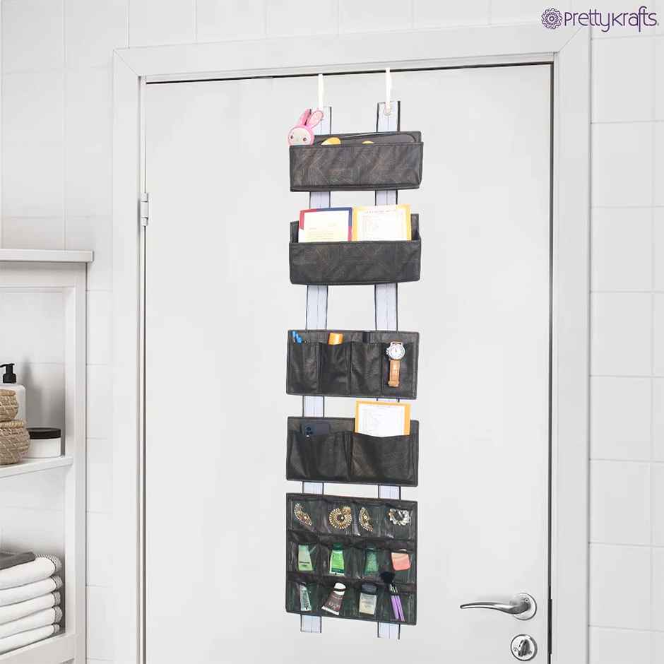 PrettyKrafts Wall Hanging Organizer | Storage Pouch with Flaps & Utility Pockets - Black