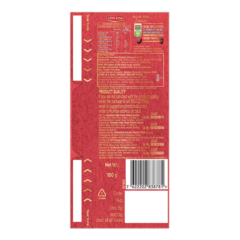 COTE D'OR 70% Dark Premium Belgian Chocolate Bar