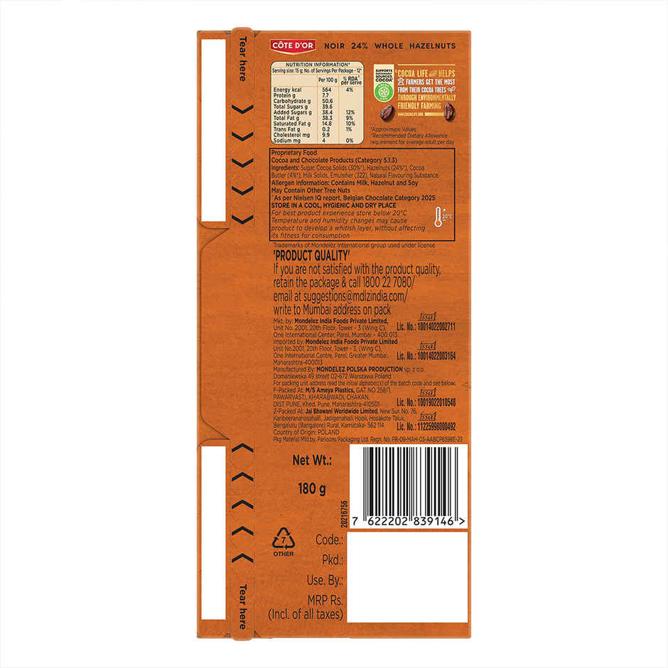 COTE D'OR Whole Hazelnuts Dark Premium Belgian Chocolate Bar