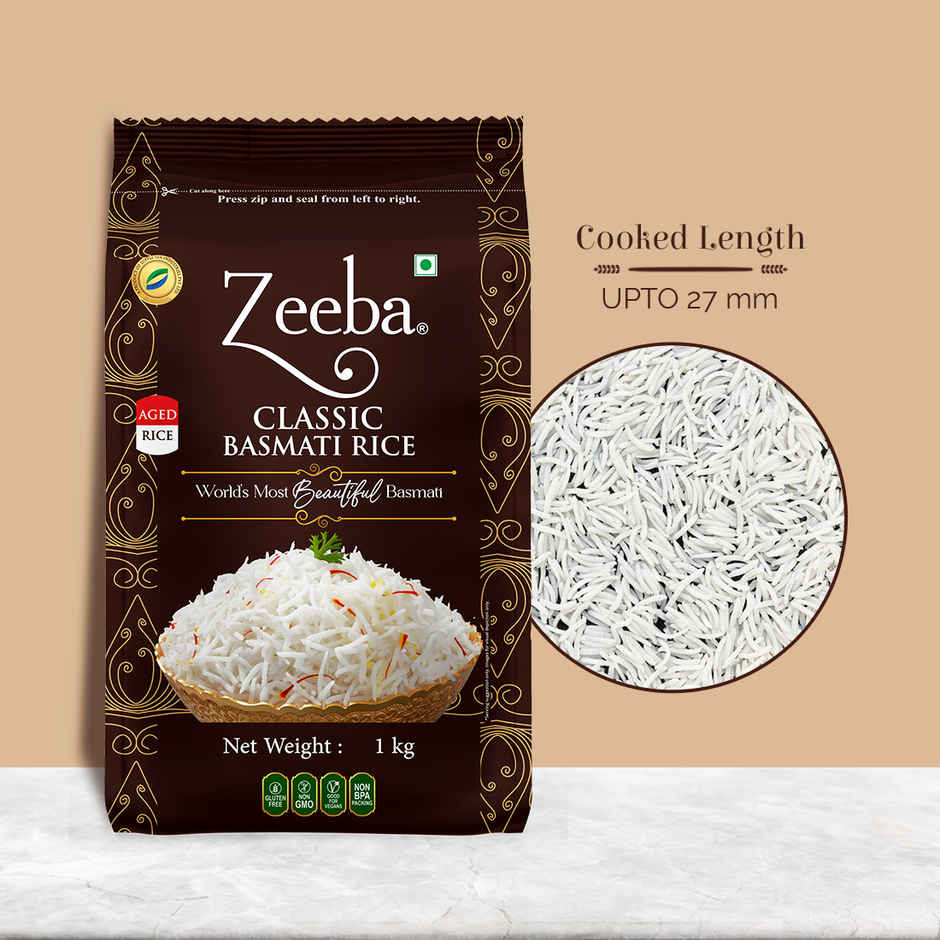 Zeeba Classic Basmati Rice|Raw & Naturally Aged 2 years|Extra Long Grains|Cooked length upto 27mm
