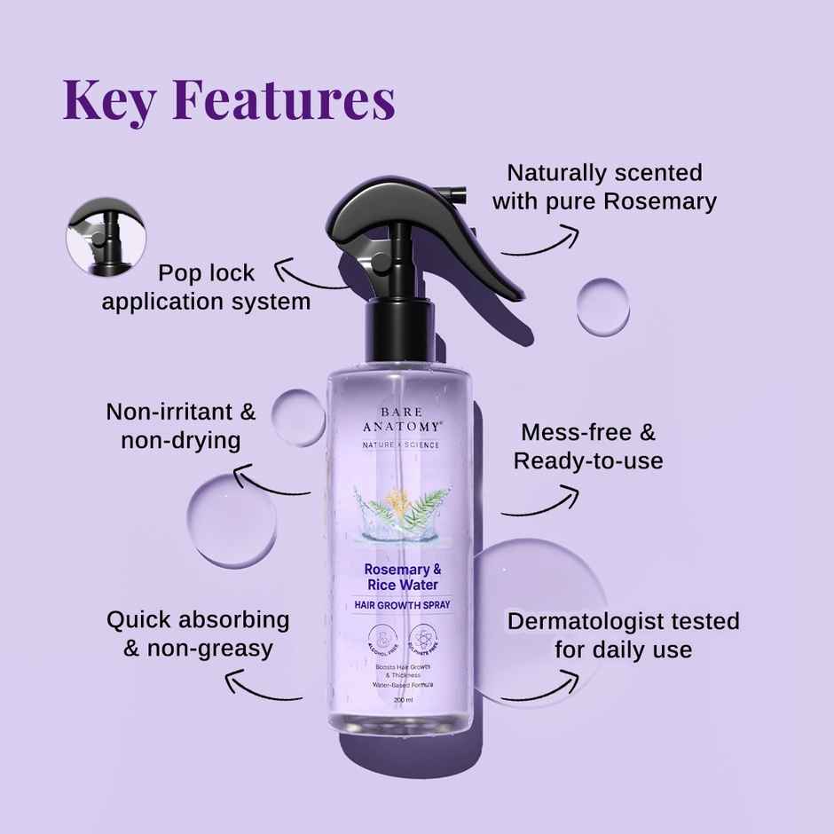 Bare Anatomy Rosemary Water Spray for Hair Growth, Thickness & Hairfall Control, 100% Natural