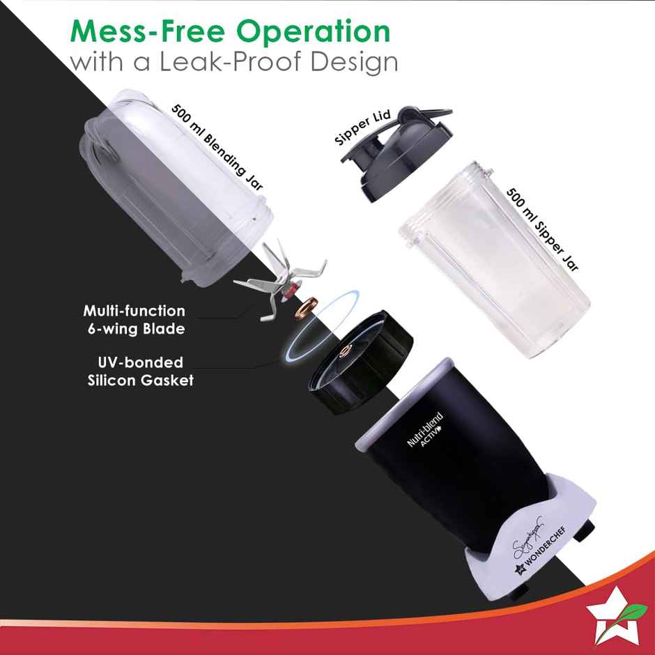 Wonderchef Nutri-blend Activ Mixer Grinder Blender, Smoothie Maker, 500W 22000 RPM 100% Full Copper Motor, 2 Jars, Stainless Steel Blades, Recipe book by Chef Sanjeev Kapoor - Black