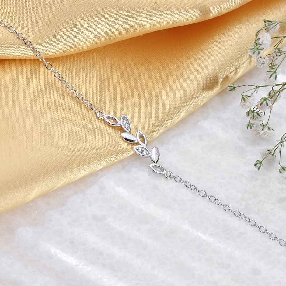 Zavya Leaf CZ Rhodium Plated 925 Sterling Silver Chain Bracelet Gift Hamper