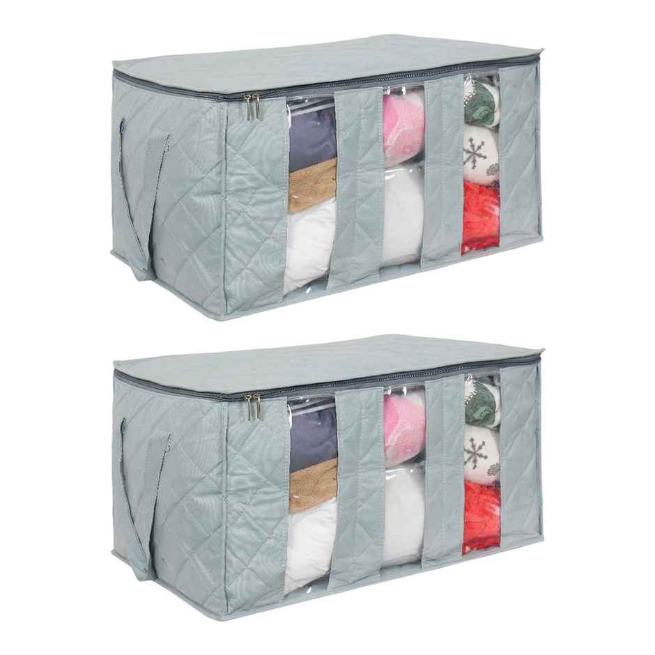 Prettykrafts Underbed Fabric Storage Box With 3 Partitions | Grey | Rectangular | Pack of 2