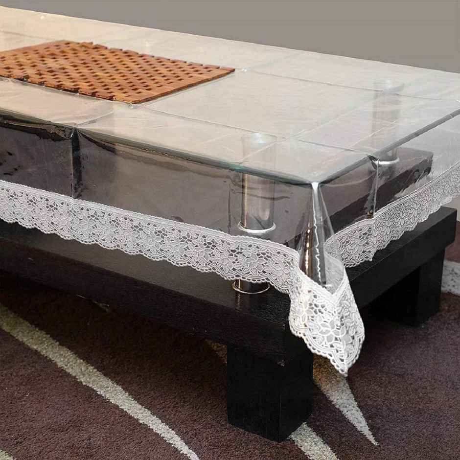 Kuber Industries PVC 4 Seater Center Table Cover|Silver Lace Transparent- Rectangle, KUBMART02706