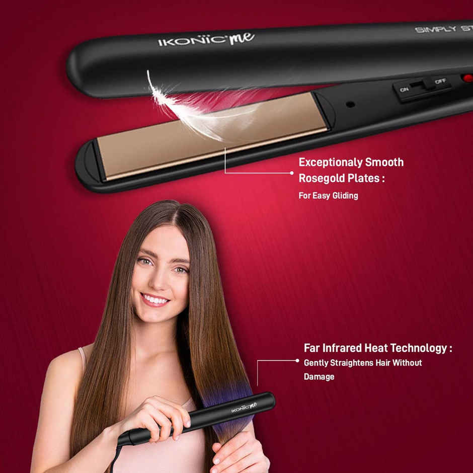 Ikonic Simply Straight Hair Straightener, Super Slim Rose Gold 1 inch Plates, Black