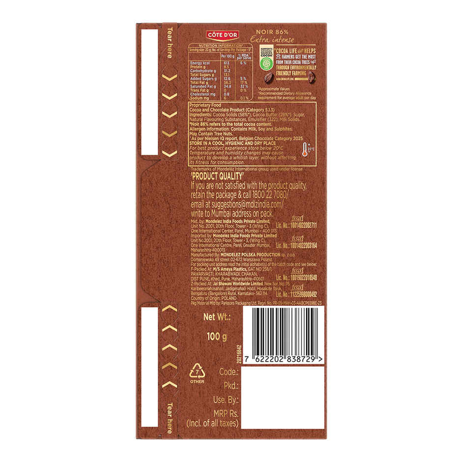 COTE D'OR 86% Dark Premium Belgian Chocolate Bar