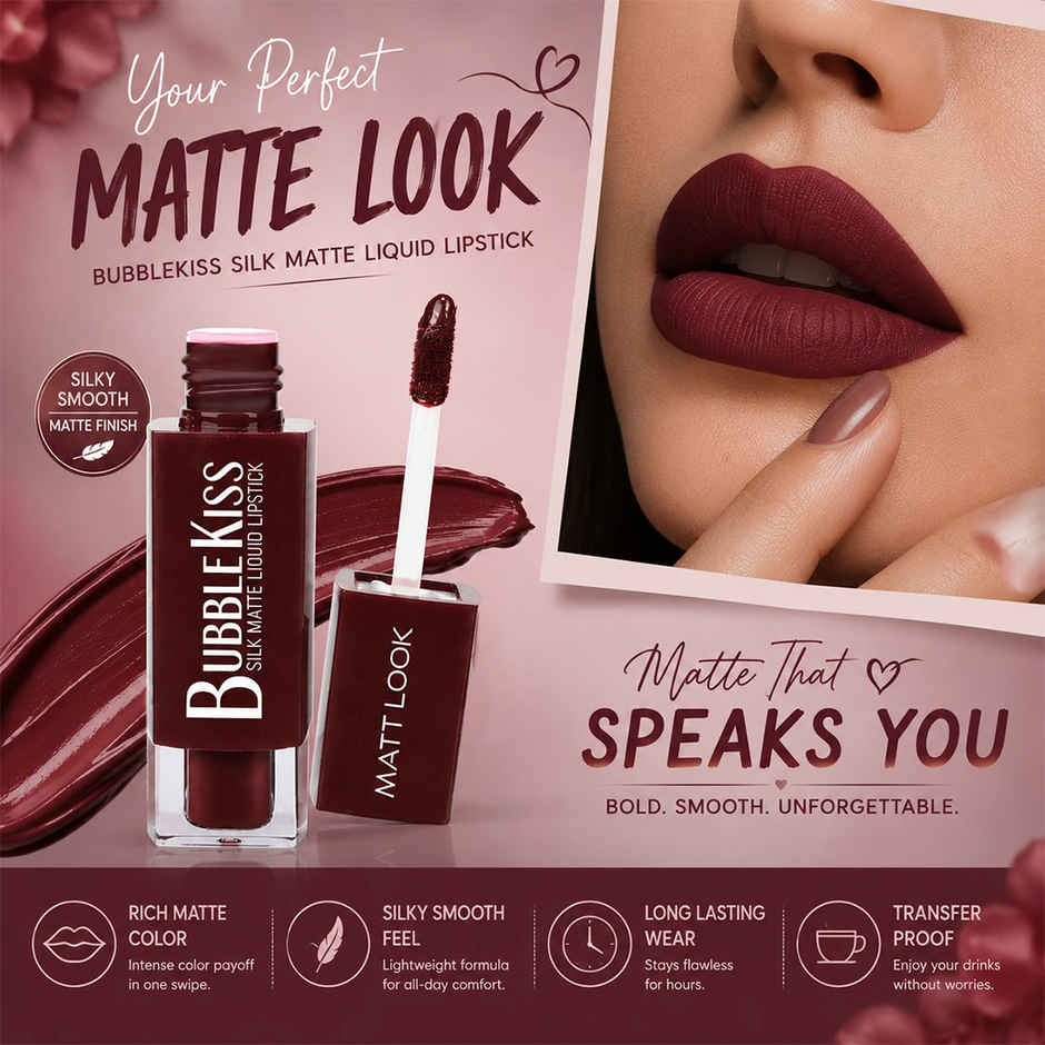 Mattlook Bubble Kiss Silk Matte Liquid Lipstick with Shea Butter & Jojoba Oil | Natural Touch