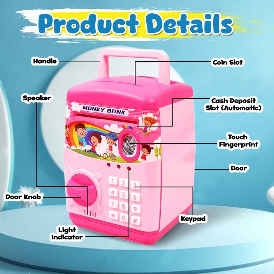 Wembley Finger Print Sensor ATM Piggy Bank for Kids Girl Boys Gullak for Money Bank - Pink