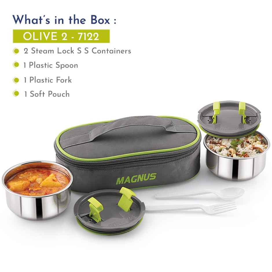 Magnus Olive-2 Stainless Steel Lunchbox With Leak-Proof Containers & Insulated Carry Case