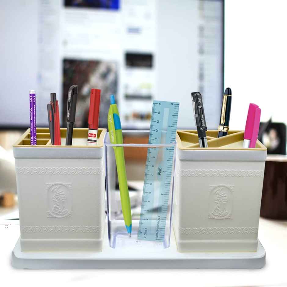 Flair Galaxy Desk Organizer - (White_Brn) , 3-Compartment Cutlery Stand