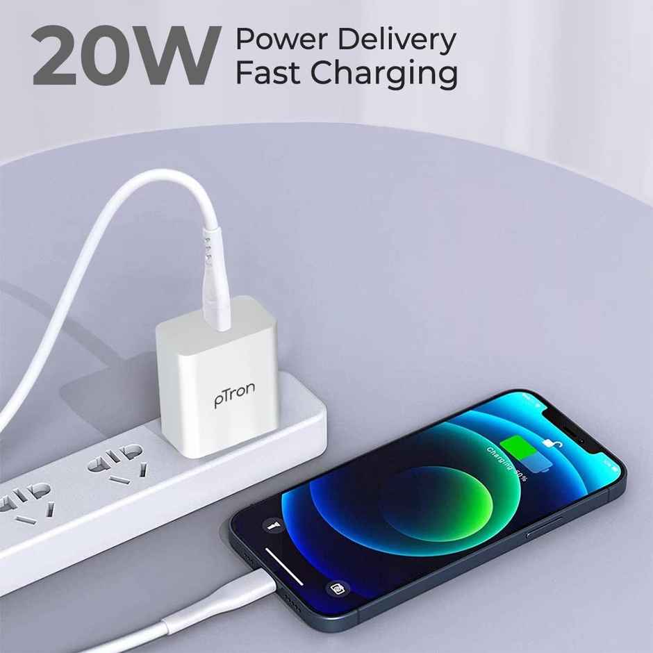 pTron Volta FC14 20W Type-C/PD Fast Charger, Compatible With iPhone & Android Smartphones - White
