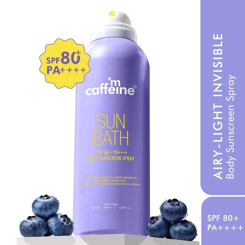 mCaffeine Sun Bath SPF 80+ Pa ++++ Body Sunscreen Spray | Blueberry | Sweat Resistant