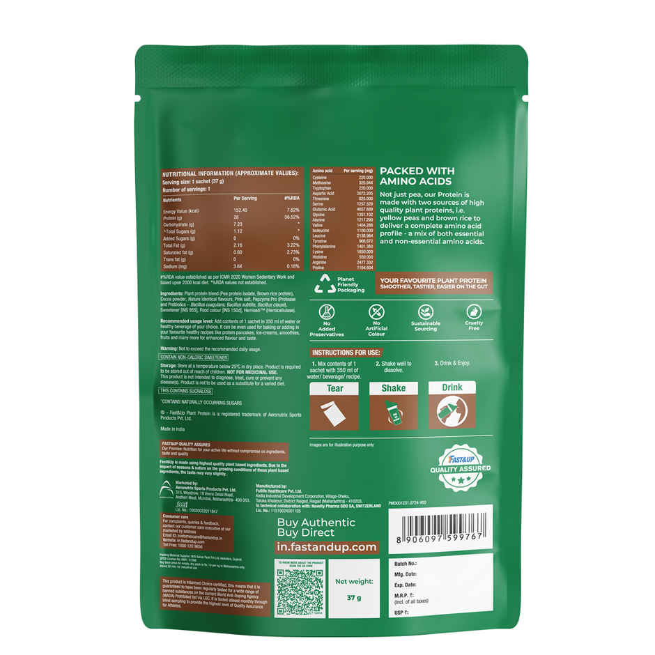 Fast&Up Plant Protein Rich Chocolate Single Serving Sachet | 26g Protein