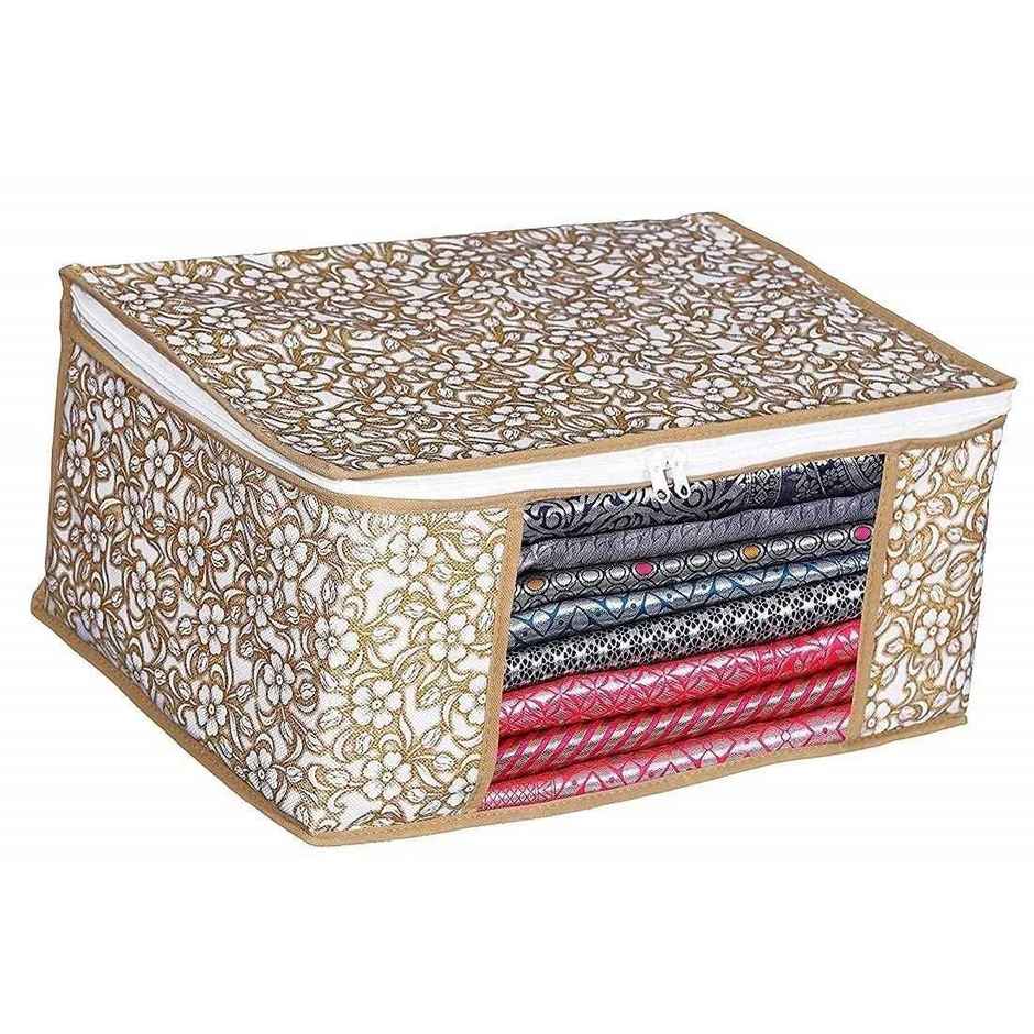 Perpetual Saree Organizer for Wardrobe | Foldable Saree Covers with Zip | Beige | Pack of 4