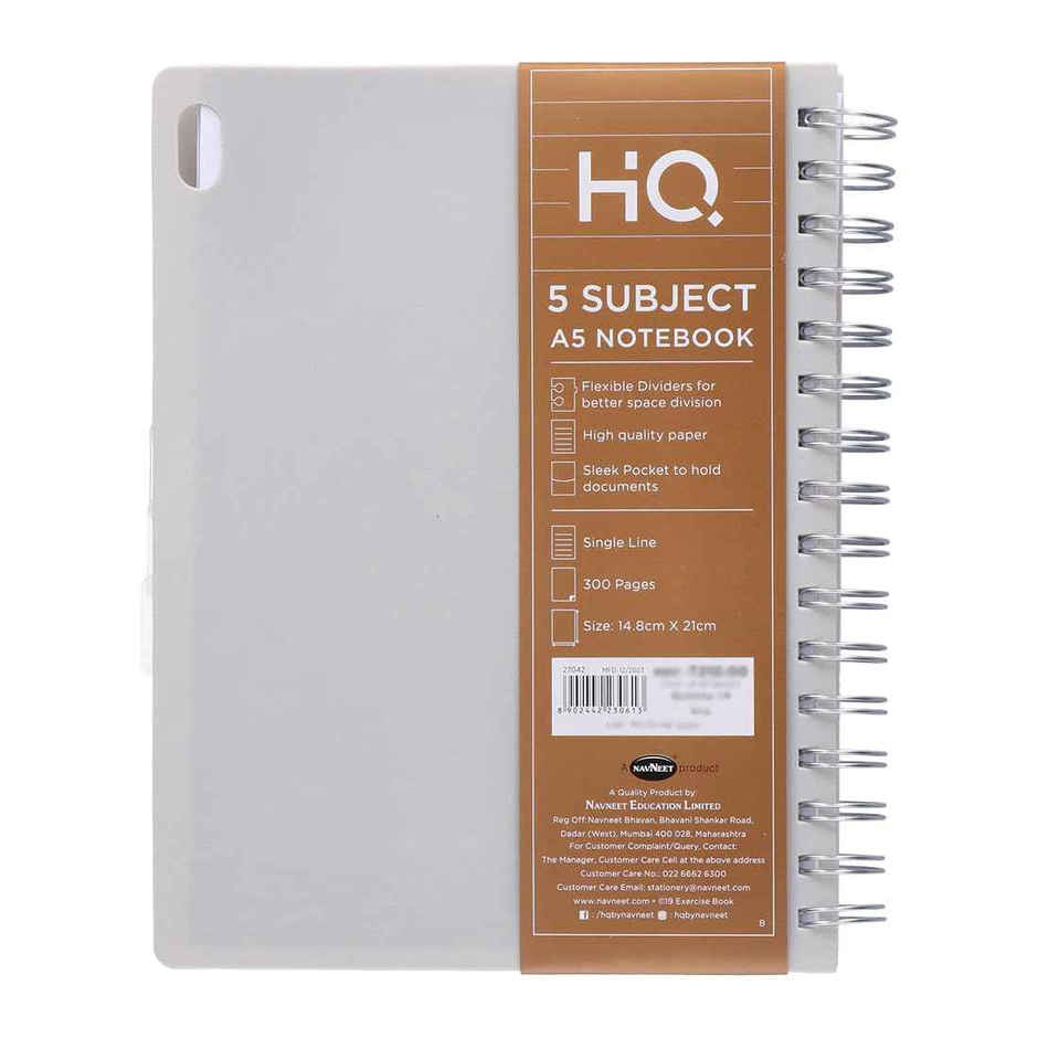 Navneet HQ | Five Subject Book White Wiro Bound Single Line A5 Size (21 x 14.8 cm, 300 Pages)