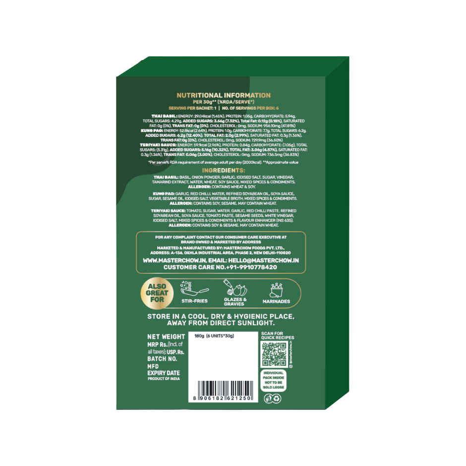 MasterChow Asian Cooking Sauces Trio Pack | Pack of Sachets | Kung Pao | Thai Basil | Teriyaki sauce