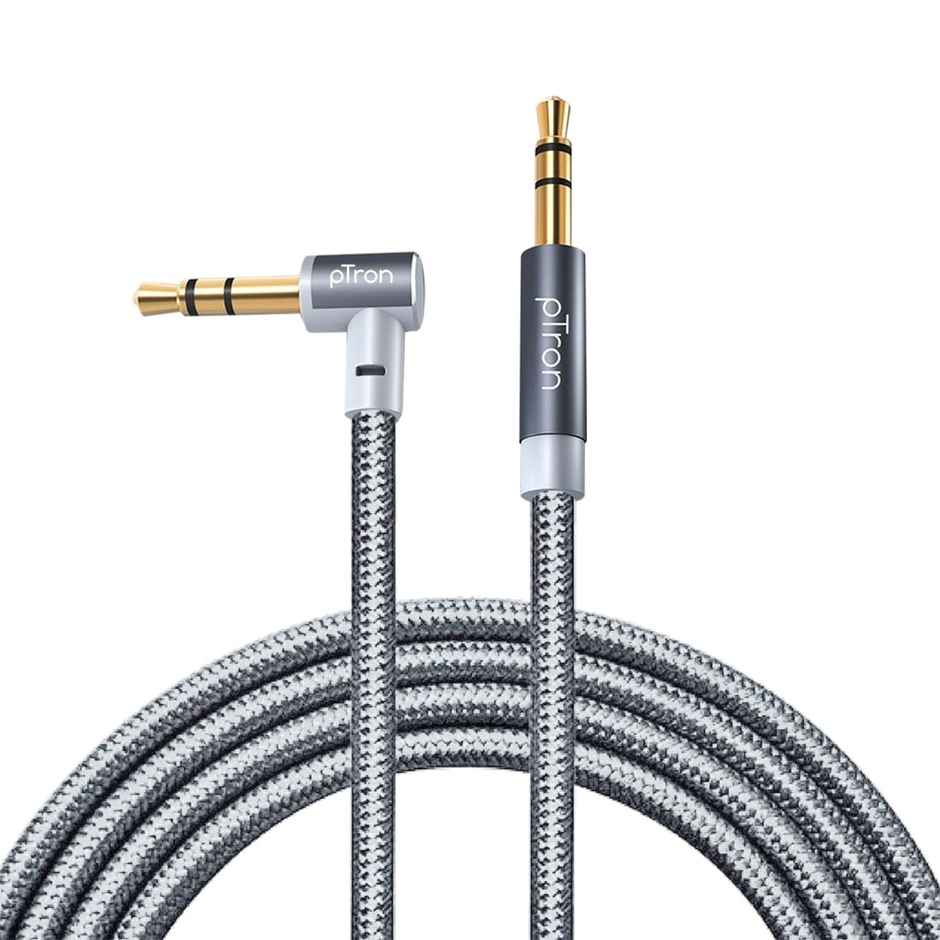pTron 3.5mm Male to Male Stereo Aux Cable, Compatible with Smartphones/Tablets, 90 Degree Gold-Plated Connectors, Solero A15 Tangle-Free Metal Shell Audio Cable (Nylon Braided, 1.5M) - Grey