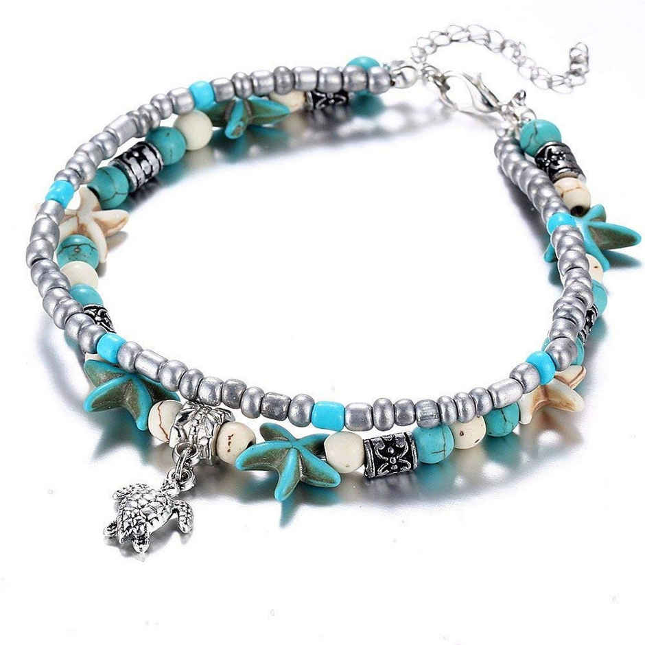 Shining Diva Fashion Shell Starfish Beads Charms Stylish Chain Anklet for Women and Girls | 9749a