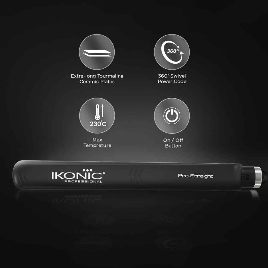 Ikonic Pro Straight Hair Straightener, Black, Floating Ceramic Plates, Overheat Protection