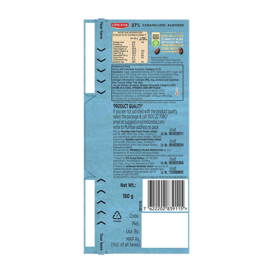 COTE D'OR Caramelized Almonds Milk Premium Belgian Chocolate Bar