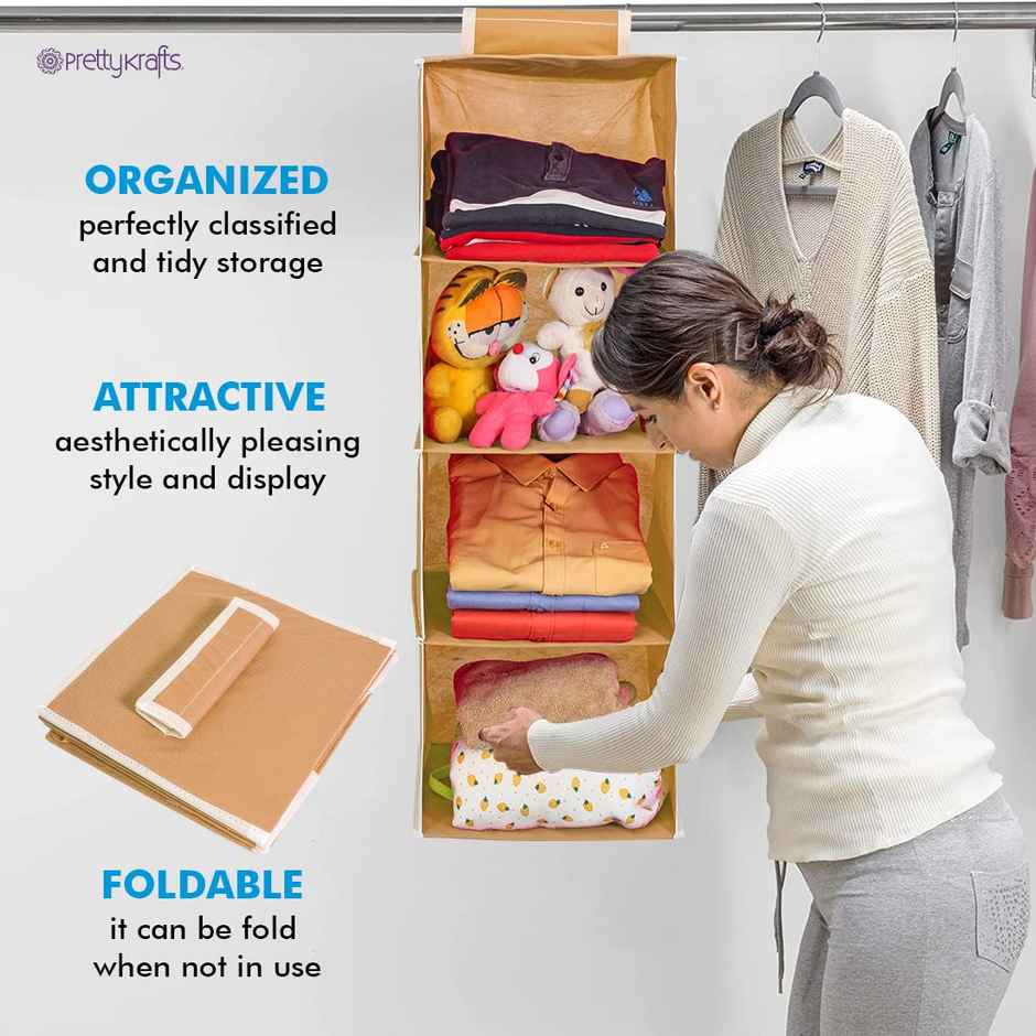 PrettyKrafts 4 Shelf Hanging Wardrobe Organizer - Beige Wall Hanging Cloth Storage Rack
