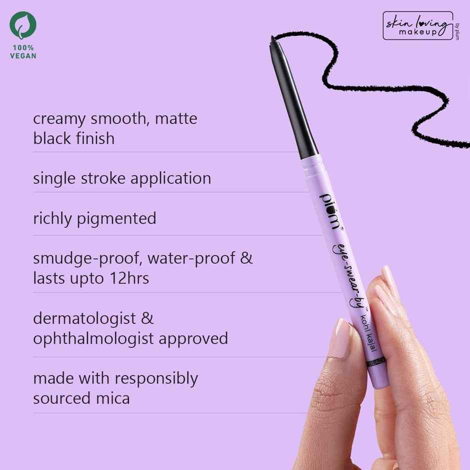 Plum Eye-Swear-By Kohl Kajal - Deep Black Creamy Smooth Smudge-Proof Water-Proof 100% Vegan & Cruelty Free