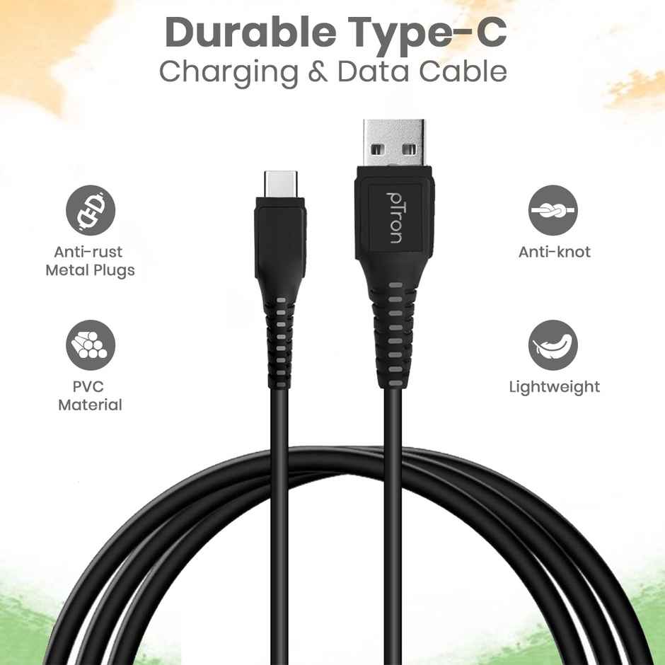 pTron Solero T241 USB-A to Type-C 2.4A Fast Charging Cable compatible with Android Phones/Tablets, 480mbps Data Transfer Speed, Made in India,Tangle-free Type-C USB Cable (Round, 1M) - Black