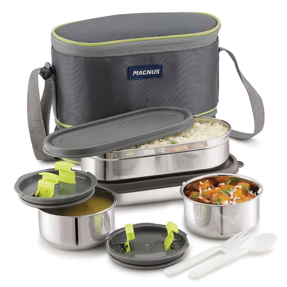 Magnus Olive 4 Lunchbox With Leak-Proof Steel Containers for School with Insulated Bag | 1730 ml