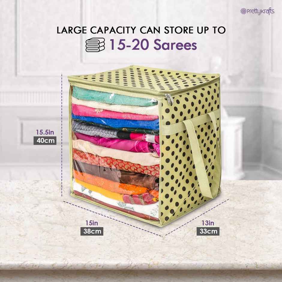 PrettyKrafts Saree Organizer Bag | Cover with Handles & Transparent Front Window | Ivory Dots - XL
