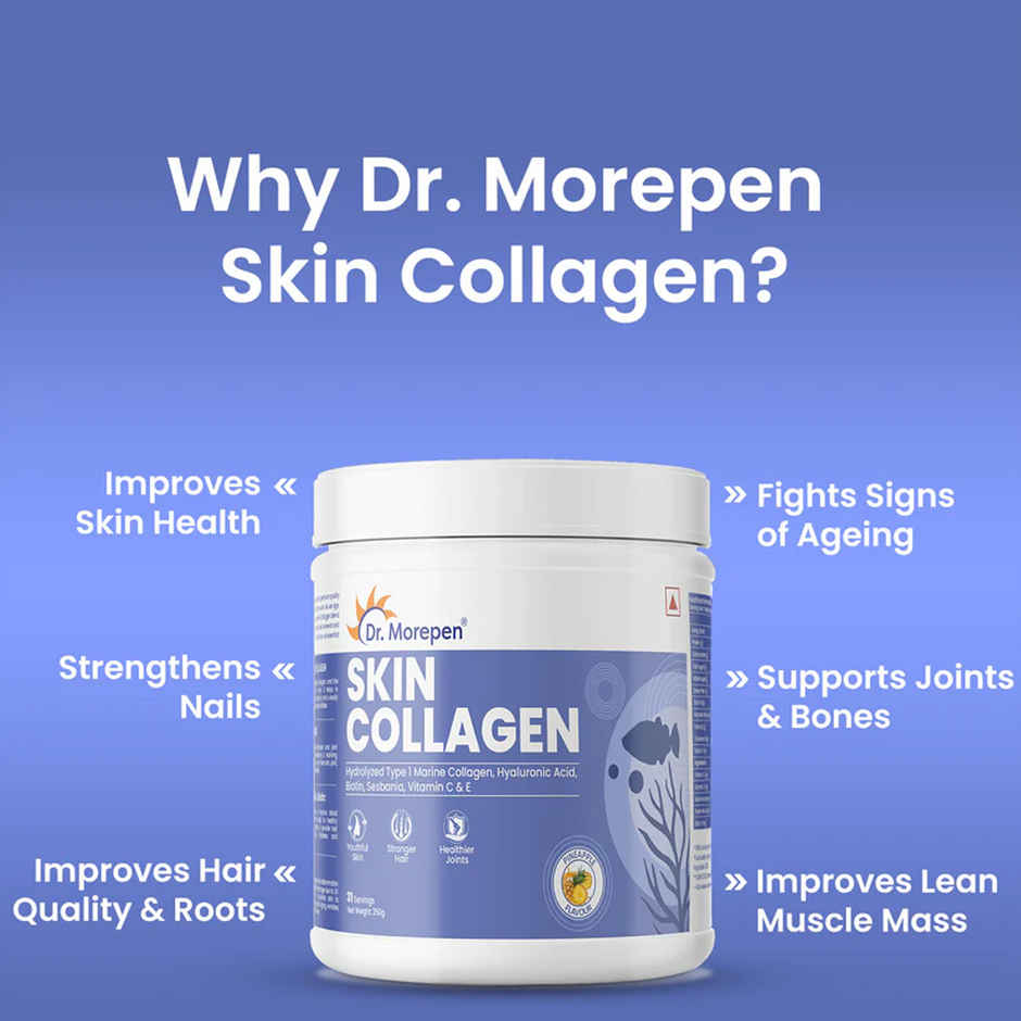 Dr. Morepen Skin Collagen Powder with Biotin, Viatmin C & E 31 Serving | Pineapple