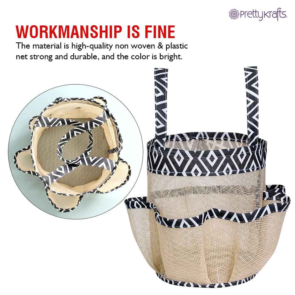 PrettyKrafts Mesh Shower Caddy | Hanging Organizer with 8 Pockets for Bathroom - Beige Black