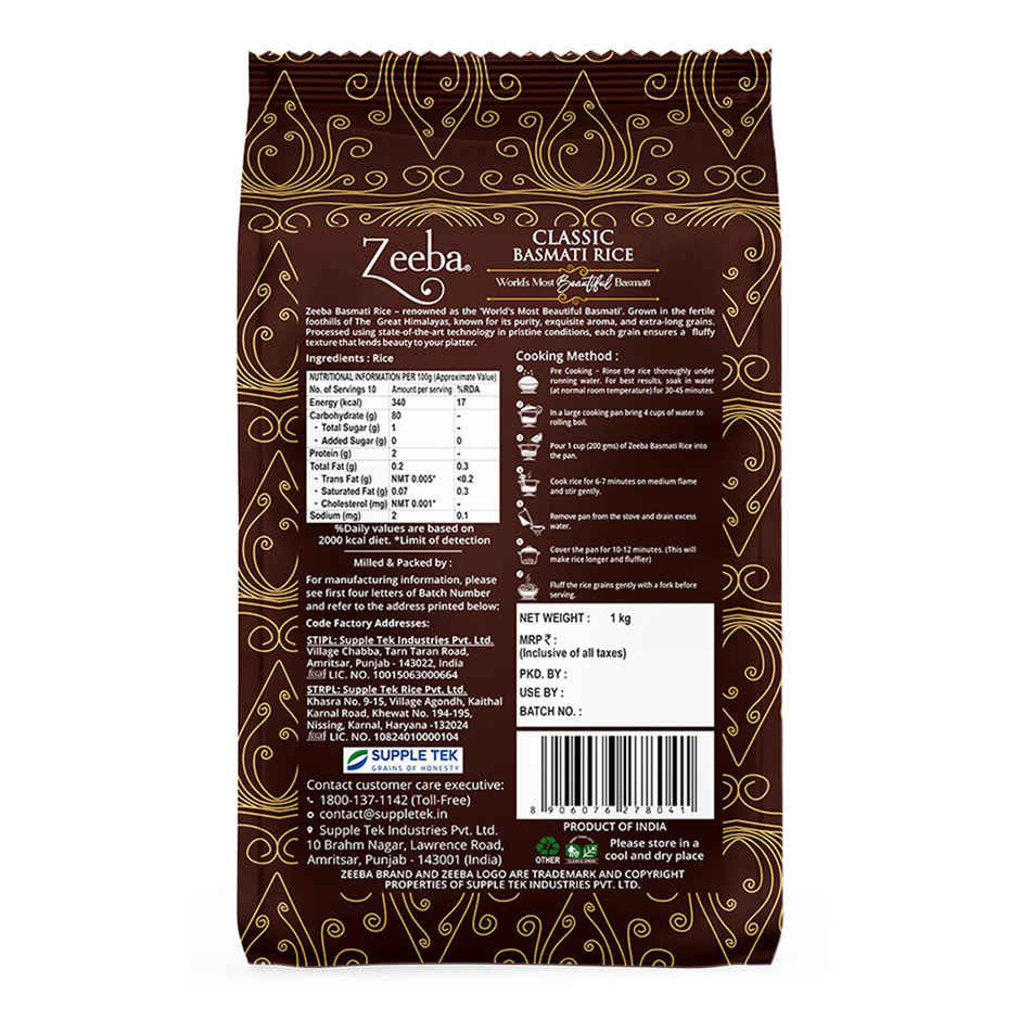 Zeeba Classic Basmati Rice|Raw & Naturally Aged 2 years|Extra Long Grains|Cooked length upto 27mm
