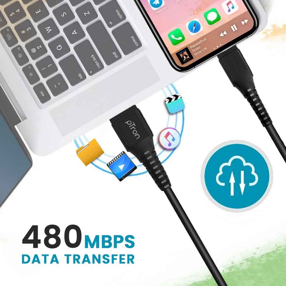 pTron USB-A to Micro USB 2.4A Fast Charging Cable Compatible with Android Phones/Tablets, 480mbps Data Transfer Speed, Made in India, Solero M241 Tangle-Free USB Cable(Round, 1M) - Black