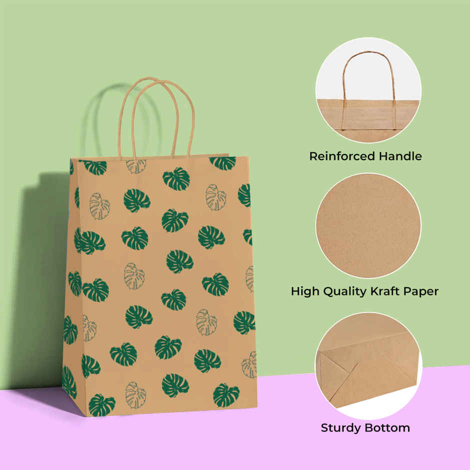 PaperPep Leaves Print | 100GSM | Kraft Gift Paper Bags | Green - 24 x 11 x 31 cm